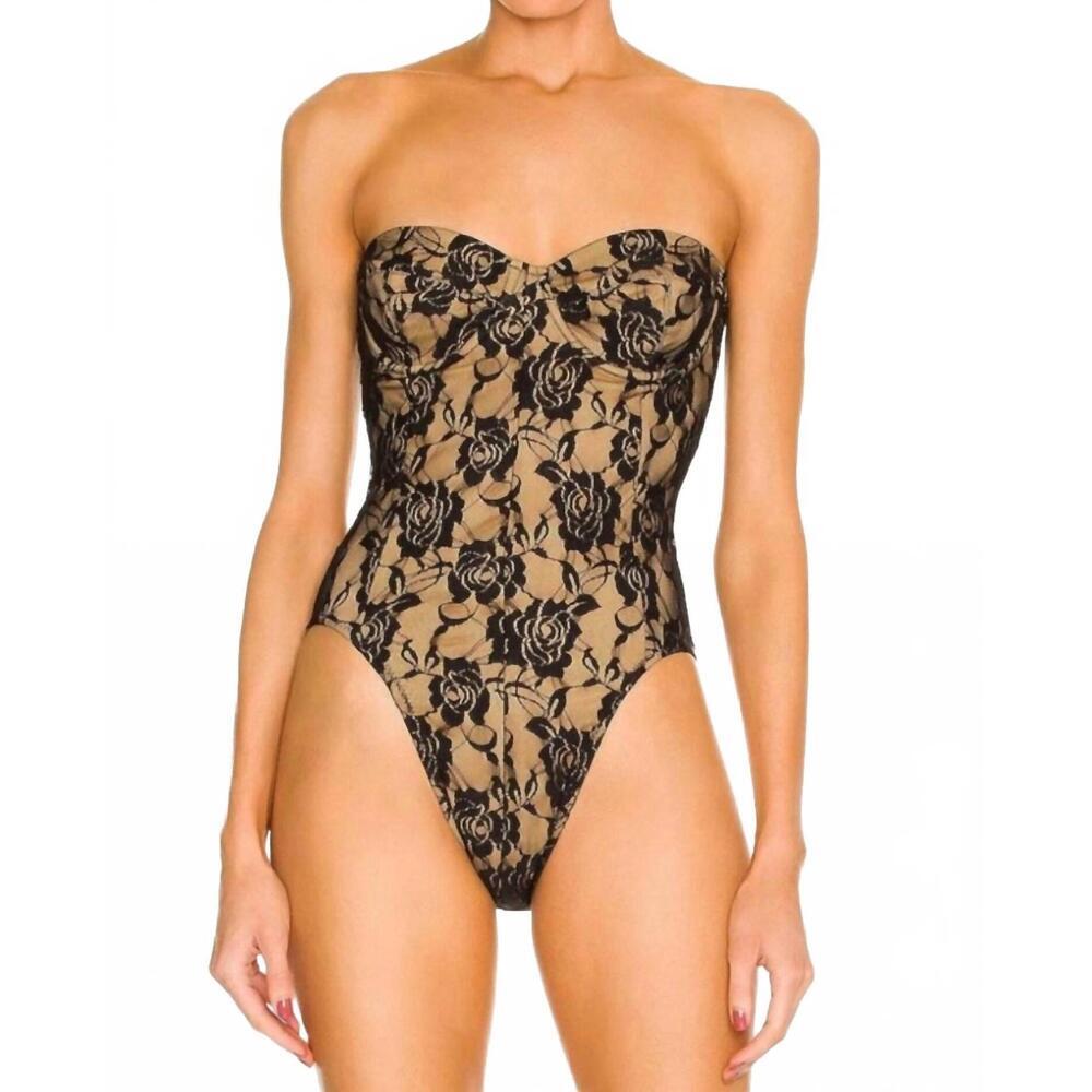 NWT Norma Kamali Corset Mio One Piece Swimsuit in Black Lace/Nude Size Large
